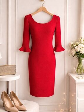 Ann Taylor Red Sheath Dress Bell Sleeve Knee Length Petite 0P Work Cocktail